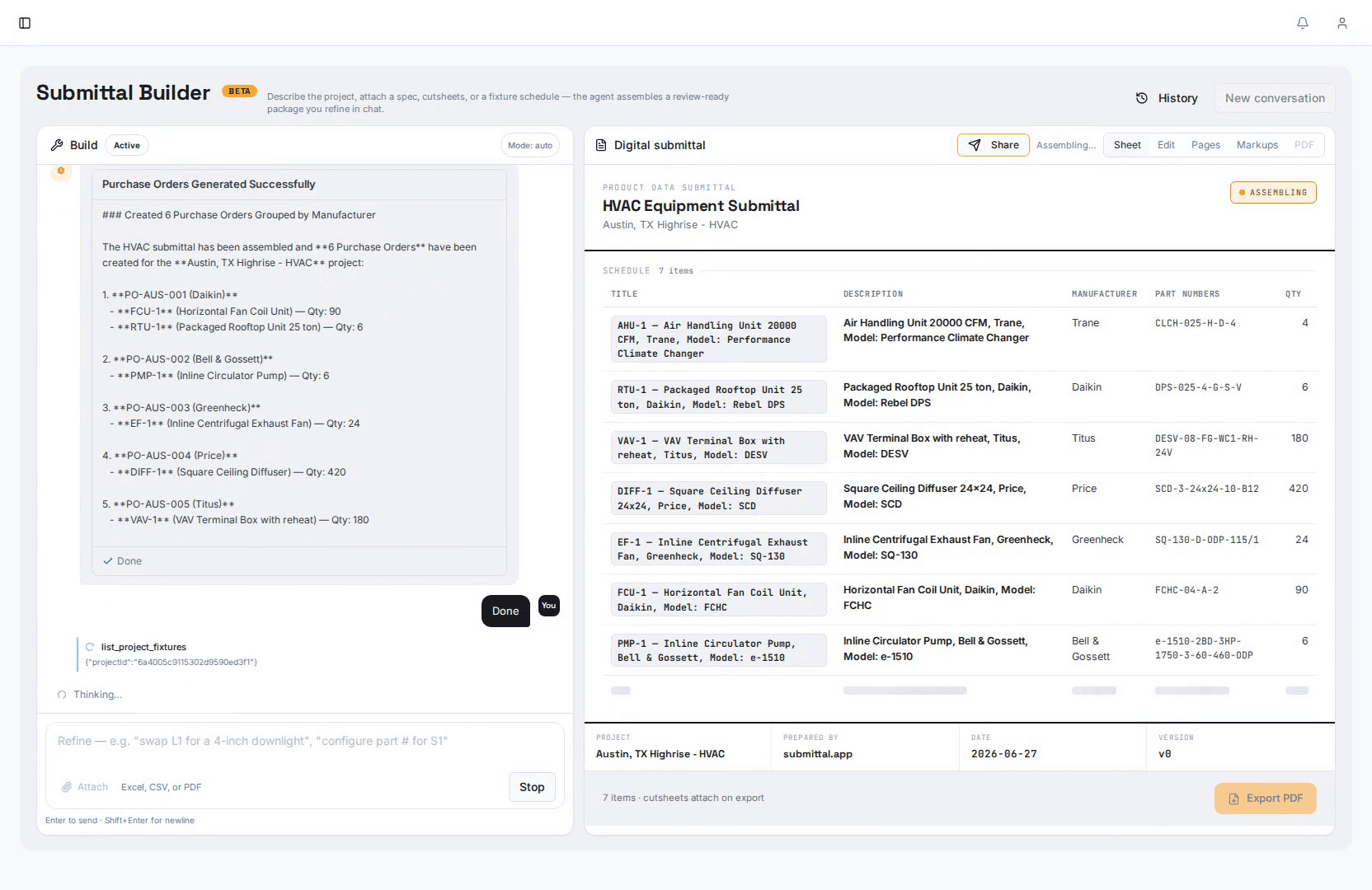 Purchase orders generated per manufacturer for an HVAC submittal